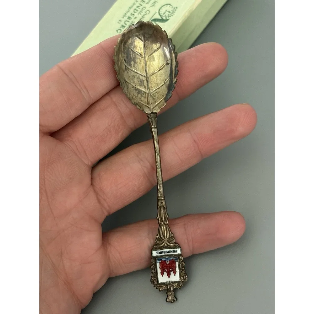 German 800 Silver Souvenir Spoon Rendsburg Enamel Crest Leaf Bowl Original Box